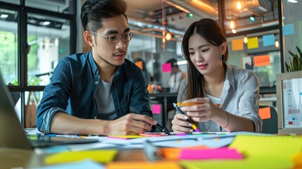Young asian professionals having a brainstorming session using sticky notes in creative office