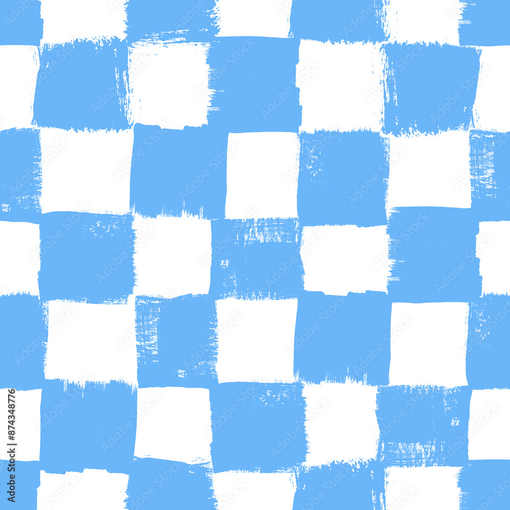 Aufkleber Vector checkerboard pattern. Seamless blue and white brush stroke background. Checkered print with distress texture. Painted ornament for kids. Childish design