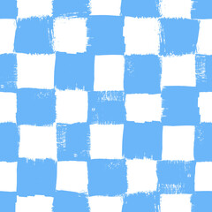 Vector checkerboard pattern. Seamless blue and white brush stroke background. Checkered print with distress texture. Painted ornament for kids. Childish design