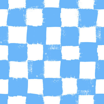 Vector checkerboard pattern. Seamless blue and white brush stroke background. Checkered print with distress texture. Painted ornament for kids. Childish design