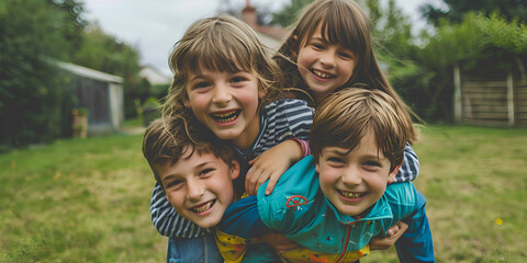 Fototapeta premium Four Happy Children Playing and Piling Up in Backyard on a Sunny Day , Joyful Group of Kids Having Fun and Posing Together in Green Backyard