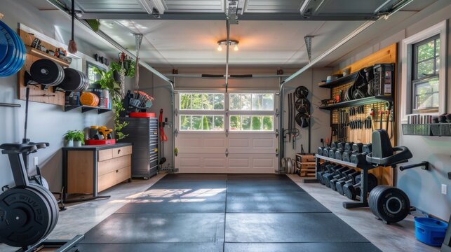 A home gym set up in a garage, featuring an exercise bike, weight rack, and other fitness equipment.