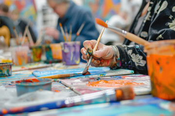 People expressing themselves doing art during an art therapy workshop, with paints, brushes, canvases. 