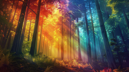Fototapeta premium A forest with trees in a rainbow of colors