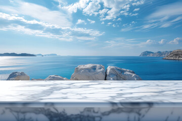 Obraz premium Marble white table top with blurred background of blue sky and ocean in Greece island for product display or montage - detailed realistic photography