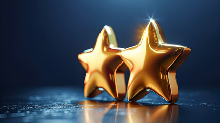 Two gold stars are placed on a blue surface, reflecting the light