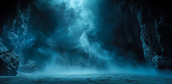 Mysterious Dark Blue Cave with Mist and Fog, Dramatic and Surreal Scene, High Quality Photo