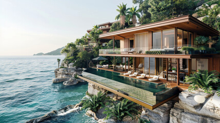 Fototapeta premium A large house with a pool and a balcony overlooking the ocean