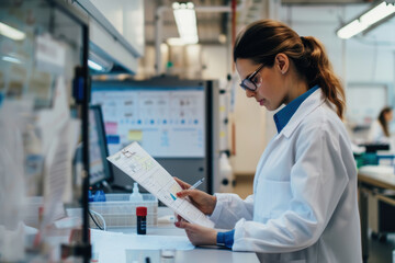 A woman in a lab coat is writing on a piece of paper