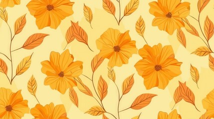 Seamless pattern with orange flowers and leaves on a yellow background.