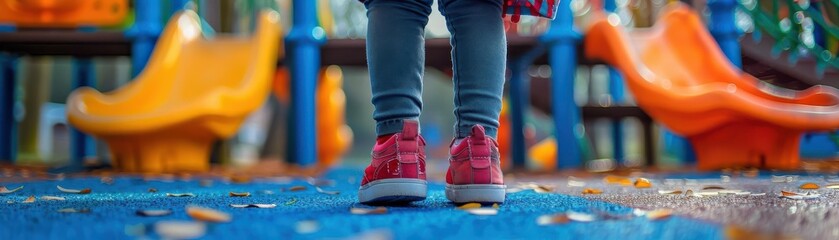 Kindergarten student playing outside on the playground, fun and play concept, focus on, outdoor...