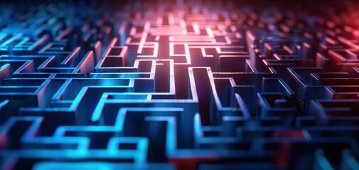 A maze is shown in a blue and red color scheme