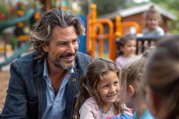 Obraz premium School director interacting with students on a playground, community building concept, selective focus, outdoor theme, whimsical, blend mode, playground backdrop