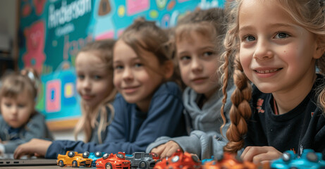 Diverse kids learning to code with female teacher in STEM classroom using laptops and building robotic toys