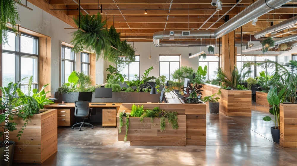Poster a modern office with wooden beams and large windows features a spacious layout with numerous plants 