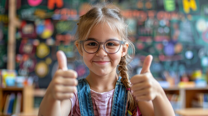 A young girl is giving a thumbs up in a classroom