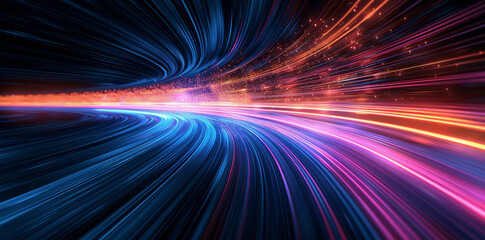 Dynamic Blue and Orange Light Trails on Dark Background Representing Digital Communication and High-Tech Data Transfers