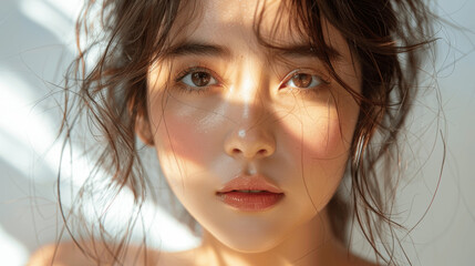radiant natural beauty in sunlight close-up portrait of serene elegant woman with healthy glowing skin