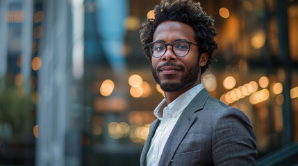 Fototapeta premium A man wearing a suit and glasses stands in front of a building
