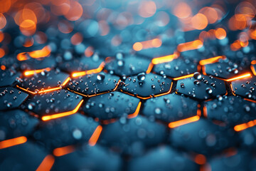 Obraz premium Blue-Hued Nanotech with Glowing Hexagonal Carbon Dots Symbolizing Biotechnology and Singularity