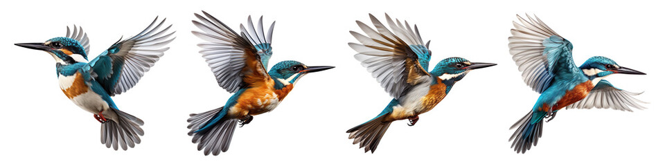 Collection set of flying kingfisher birds isolated on transparent background