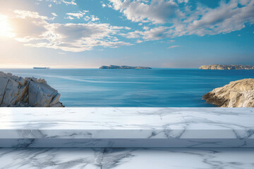 Marble White Table Top with Blurred Background of Blue Sky and Sea on Greece Island for Product Display