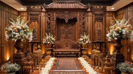 Fototapeta premium A traditional Asian wedding ceremony set up with ornate wooden furniture and floral arrangements.