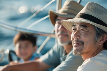 An Asian father and son fishing together from a private yacht, enjoying quality time on the water