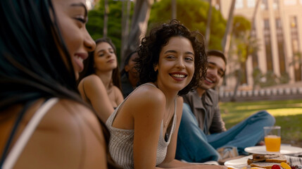 Obraz premium A group of people are sitting on a blanket and smiling