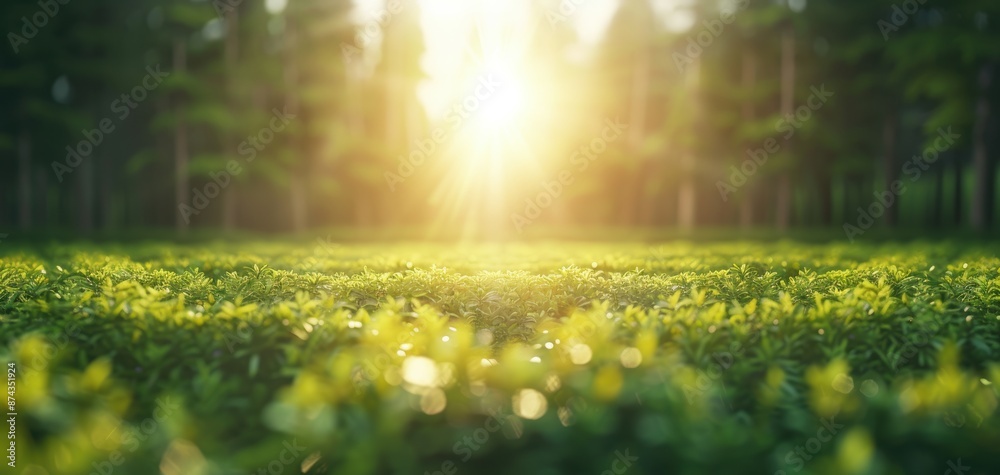 Aufkleber a field of green grass with the sun shining through the trees