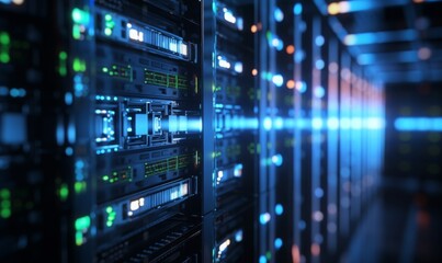 Obraz premium Camera slowly moving in data center showing server equipment with flickering light indicators, close up view. Seamlessly looped photorealistic 3D render animation. 