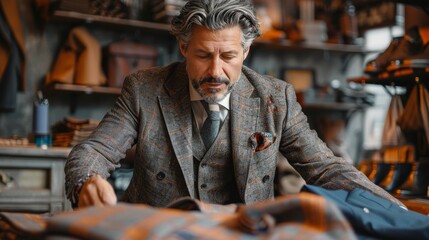 Obraz premium Man Examining Plaid Fabric In A Clothing Store