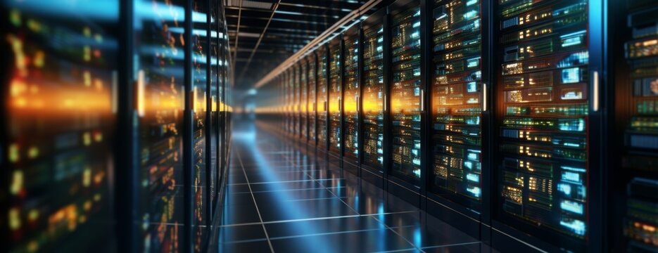 Server room data center. Backup, mining, hosting, mainframe, farm and computer rack with storage information. 3d render
