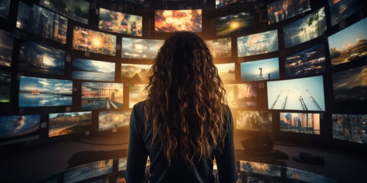 Woman surrounded by multiple TV screens, video wall showcasing variety of multimedia content, online broadcasting and streaming concept
