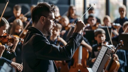 Fototapeta premium Music Educator Conducting School Orchestra for Educational Performance