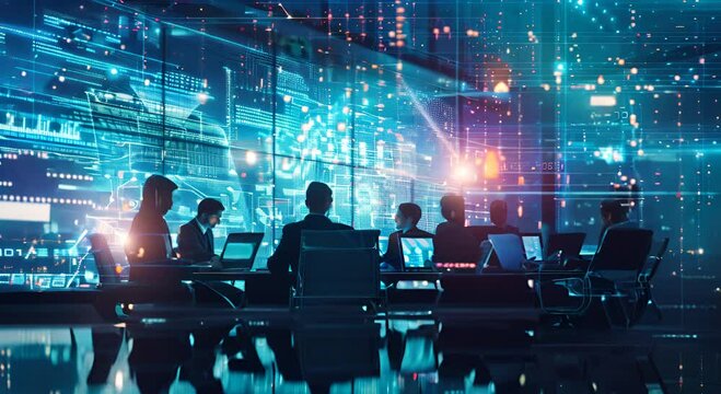 A group of people are sitting at a table in front of a computer screen. The computer screen is filled with a lot of numbers and symbols. Scene is serious and focused