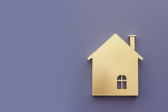 Minimalistic gold house model on a purple background. Modern real estate illustration.