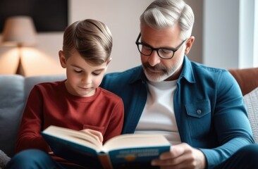 Fototapeta premium Nice little boy reading a book with his grandfather while sitting together on the couch