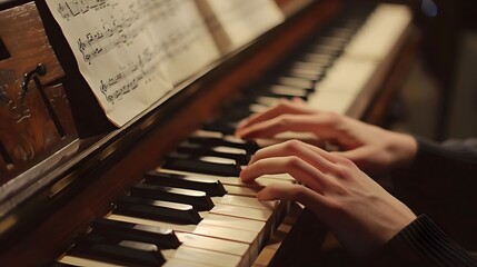 Musician Composing at Piano with Sheet Music,Crafting Melodic Harmony