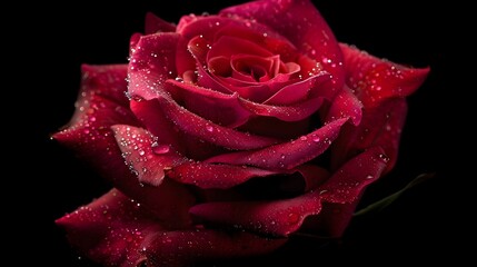 Naklejka premium Vibrant Red Rose with Captivating Dew Droplets in Closeup View