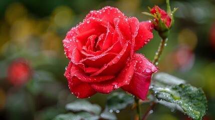 Closeup of Vibrant Red Rose with Dew Drops
