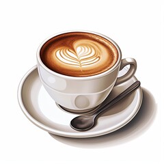 An illustration of a cup of coffee with cream on a white background. The coffee is in a white cup and has a foamy top. There is a silver spoon on the saucer next to the cup.