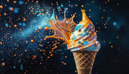 A soft serve ice cream cone explodes with a vibrant blue and orange liquid