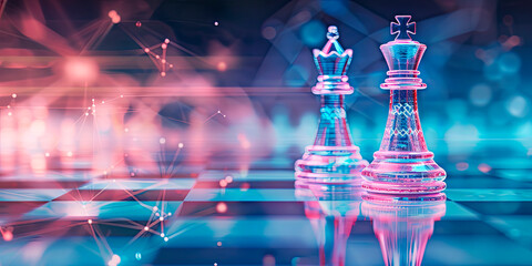 Glass chess pieces on a chessboard with a molecular structure background, representing strategic thinking in scientific research. Ideal for education, science, and technology sectors. 