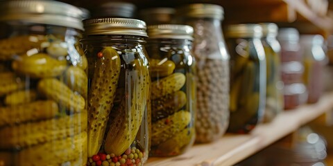 Closeup of pickles jar label with food additives theme on pantry shelf. Concept Food Additives, Pickles Jar, Pantry Shelf, Closeup Photography, Label Design