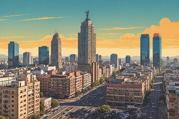 illustration of CDMX, in the style of propaganda poster, flat colours,