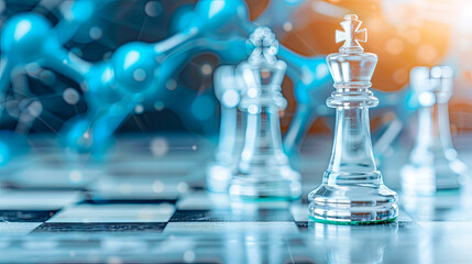 Glass chess pieces on a chessboard with a molecular structure background, representing strategic thinking in scientific research. Ideal for education, science, and technology sectors. 