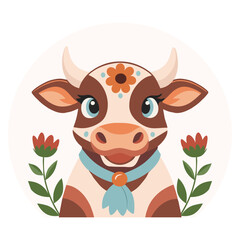 Cute spotted cow with flowers on a white background. Farm animal. Baby illustration. Vector