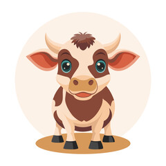 Cute spotted cow on a white background. Cute bull, front view. Farm agriculture animal. Children's illustrations. Vector