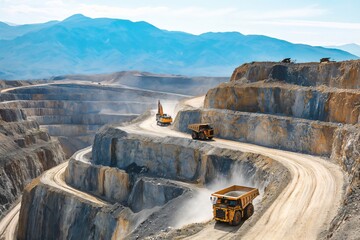 Mining trucks transporting gold ore in open pit mine on sunny day with mountains in background